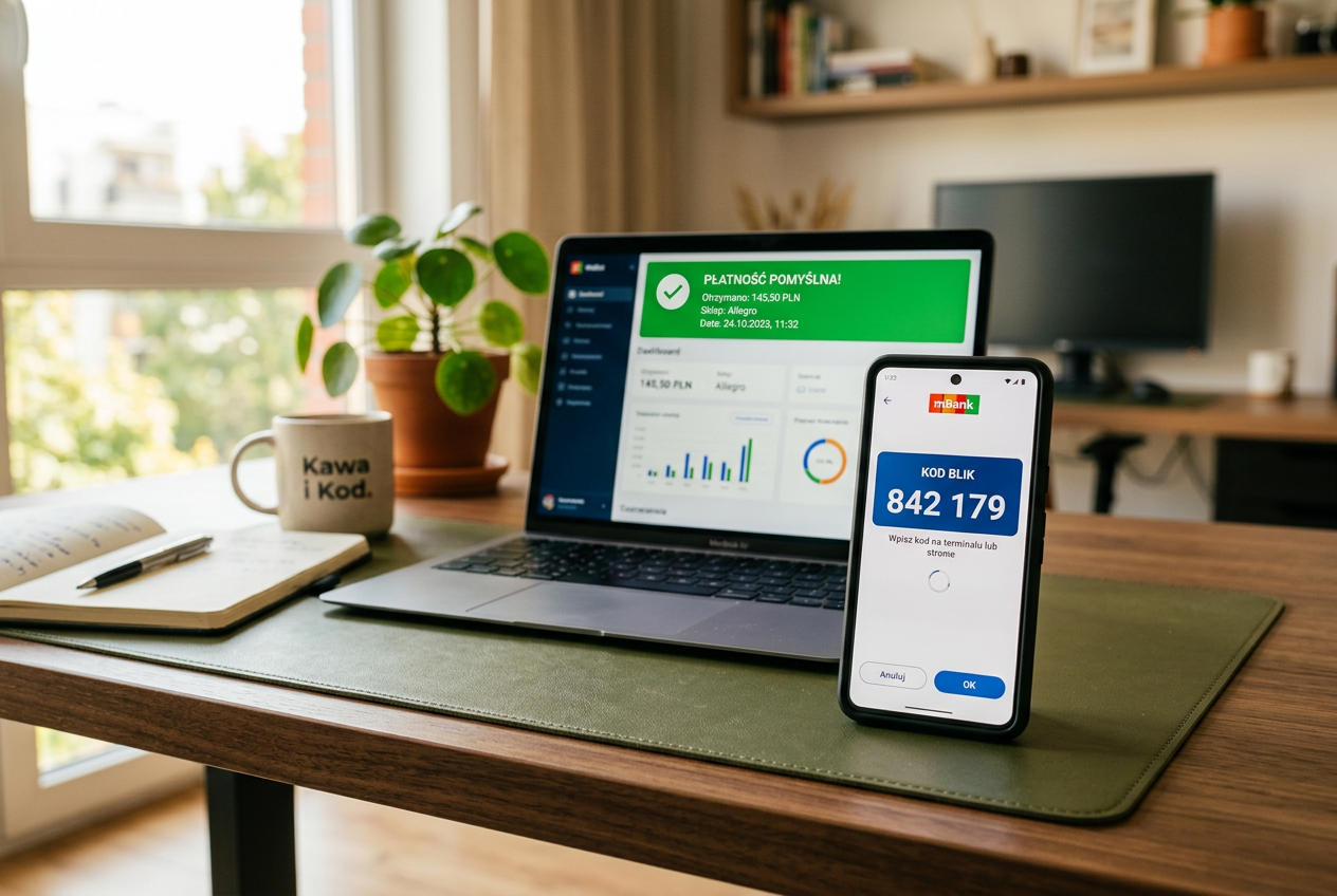 A smartphone and a laptop on a desk showing a secure payment process.