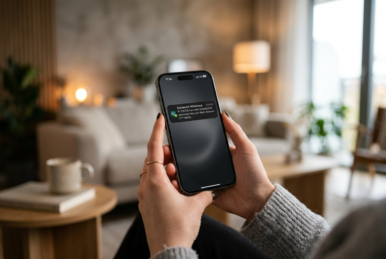 Person holding a phone with a payment confirmation notification.