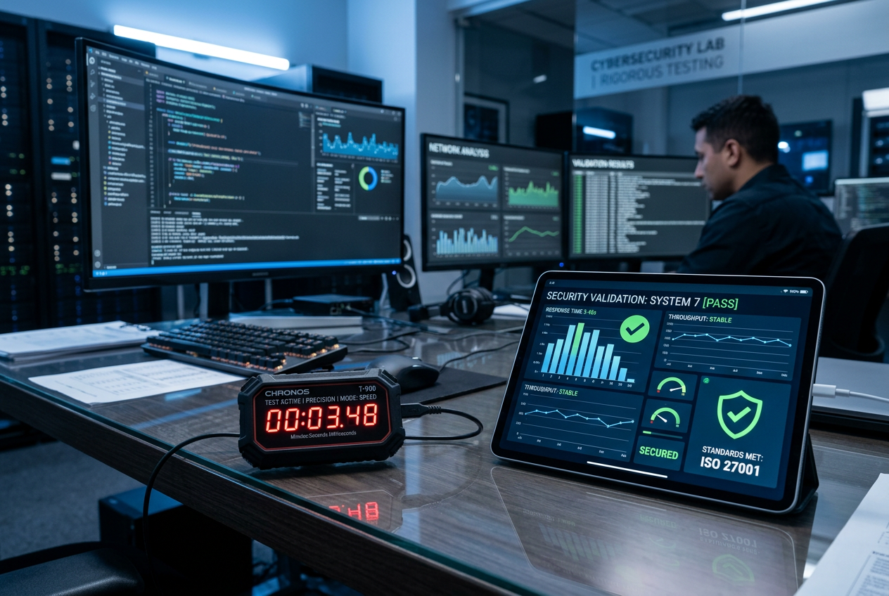 A digital stopwatch and data charts representing the casino testing methodology