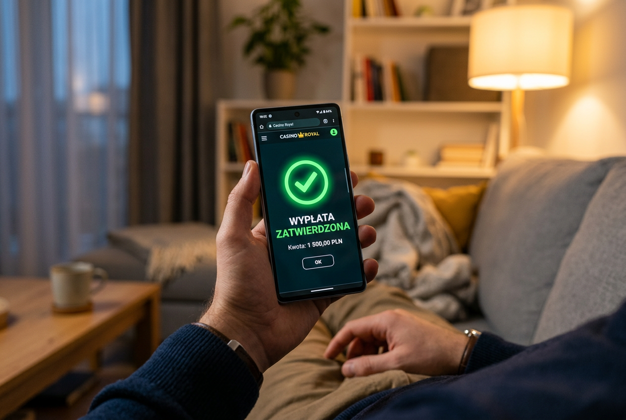 Modern smartphone displaying a successful casino withdrawal notification on a Sunday evening.